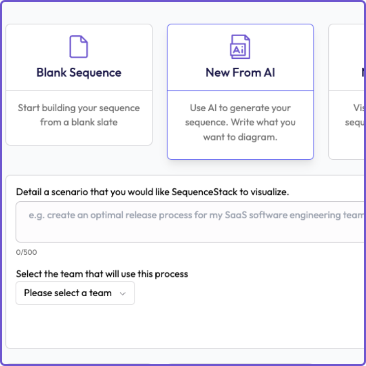 SequenceStack input interface showing Blank Sequence and New From AI options with scenario input field